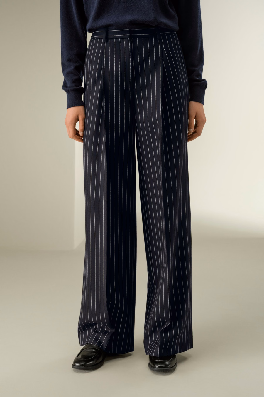 Pantalones de raya de pierna ancha de mezcla de lana