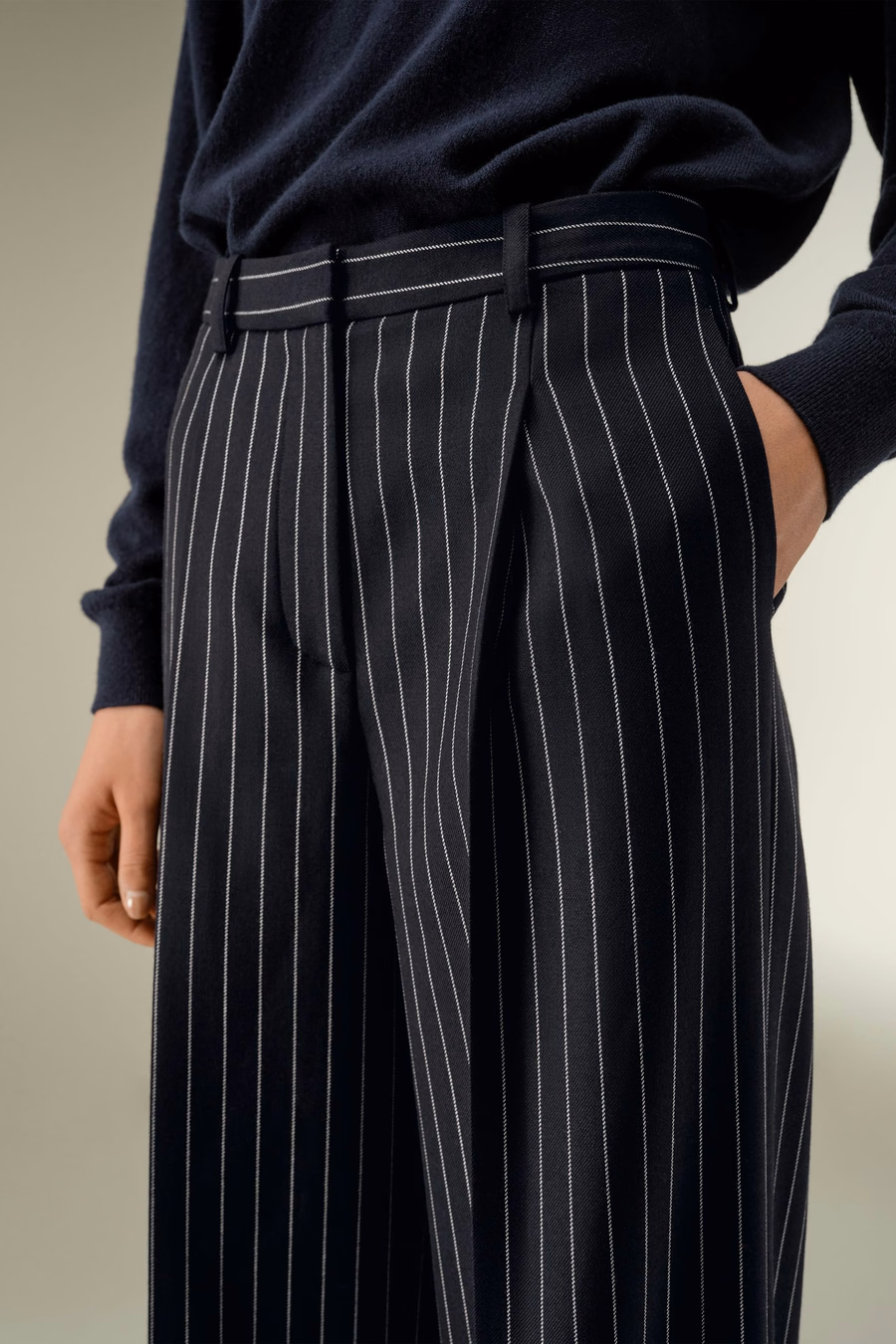 Pantalones de raya de pierna ancha de mezcla de lana