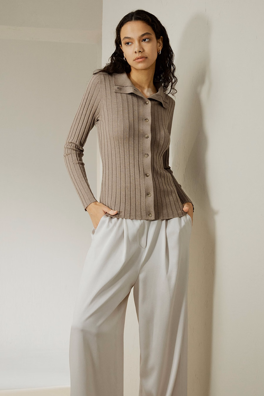 Cardigan de mezcla de seda y cachemira con canalé