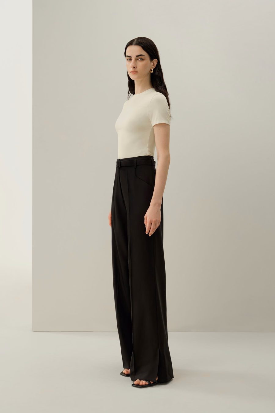 Pantalón de lana de seda de cintura alta y pernera ancha