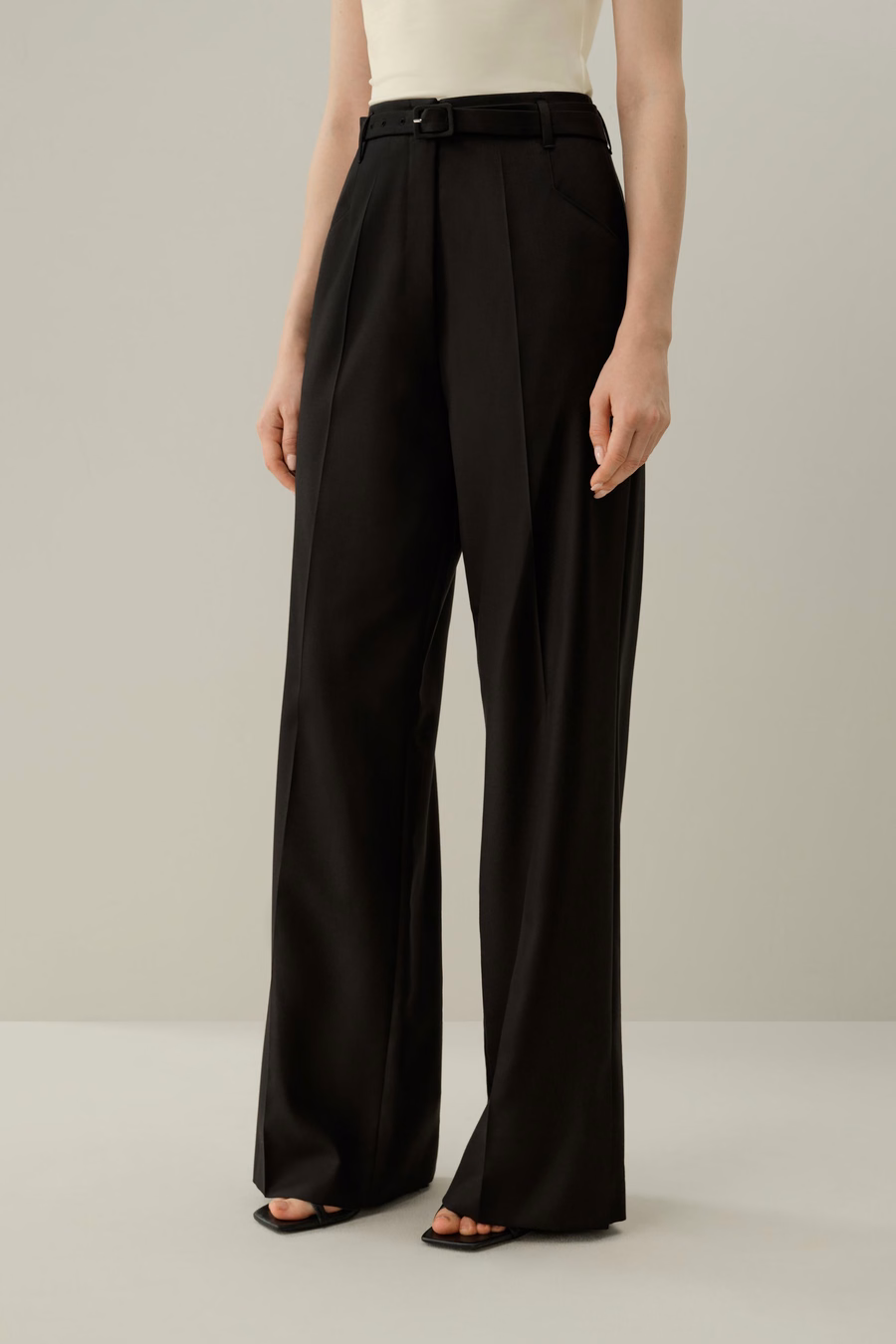 Pantalón de lana de seda de cintura alta y pernera ancha