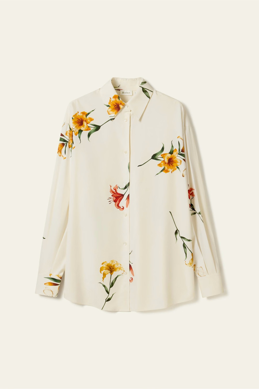 Camisa oversize de seda con estampado de lirios