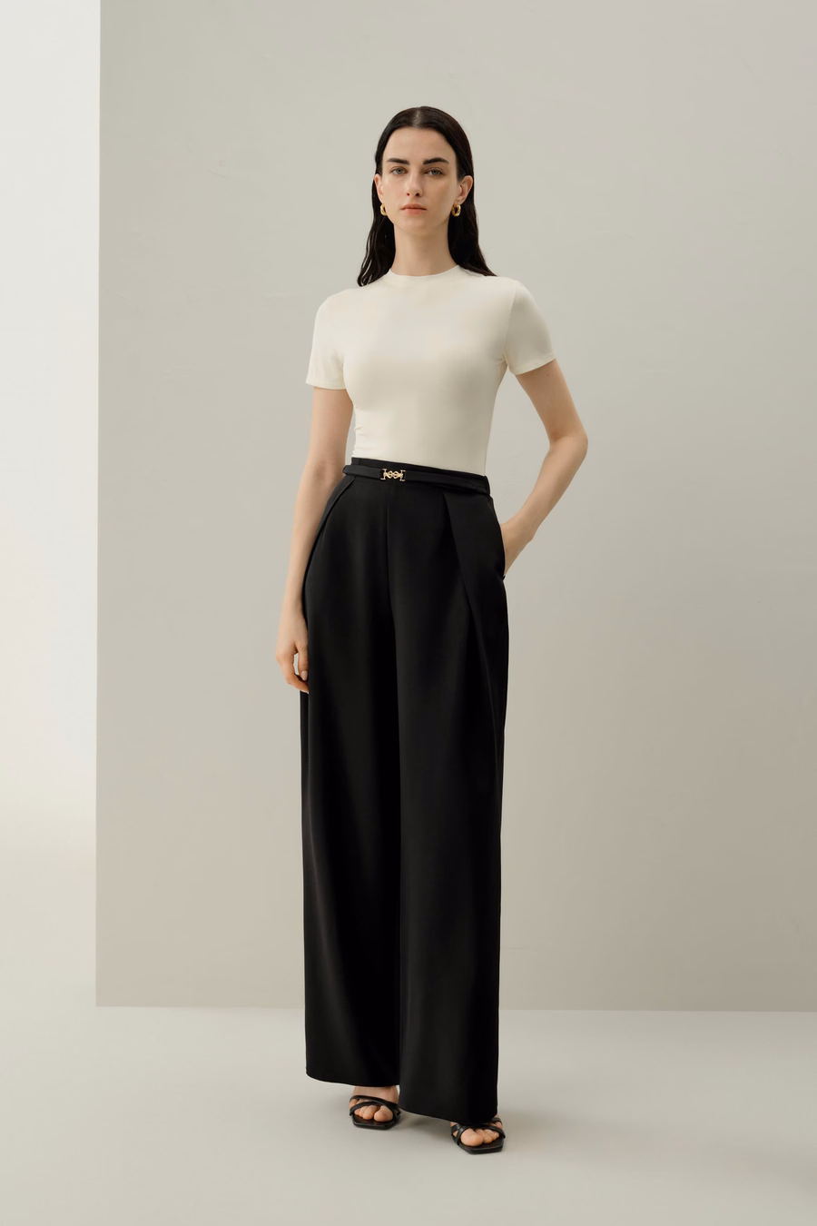 Pantalón de pierna ancha de crepé pesado y elástico