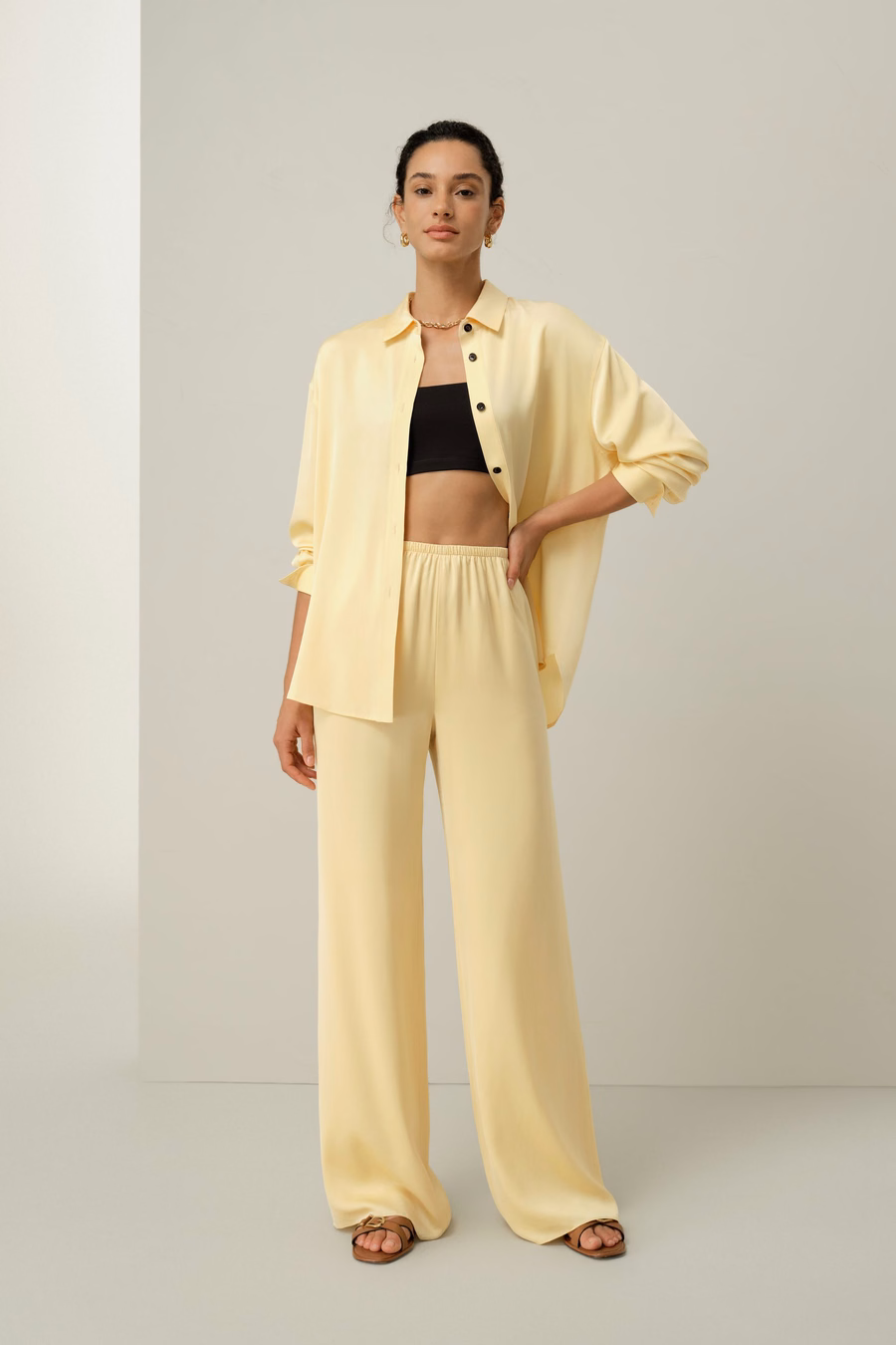 Pantalones rectos de georgette de seda elástica