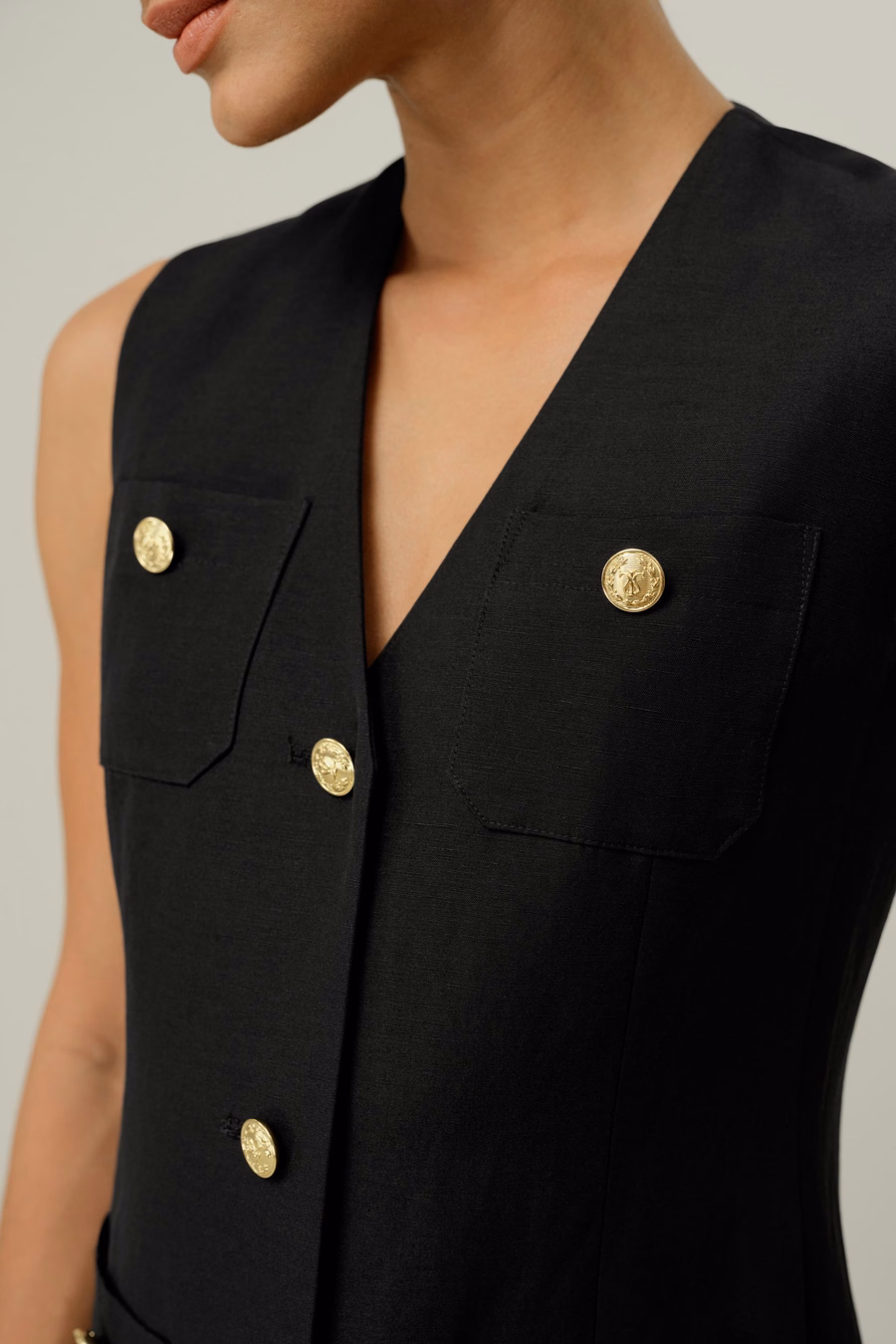 Vestido de Botón Metálico de Seda y Lino