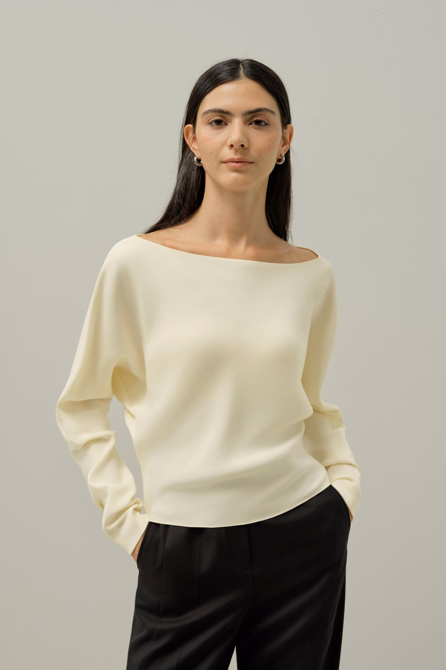 Blusa de Seda de Manga Larga con Fruncidos