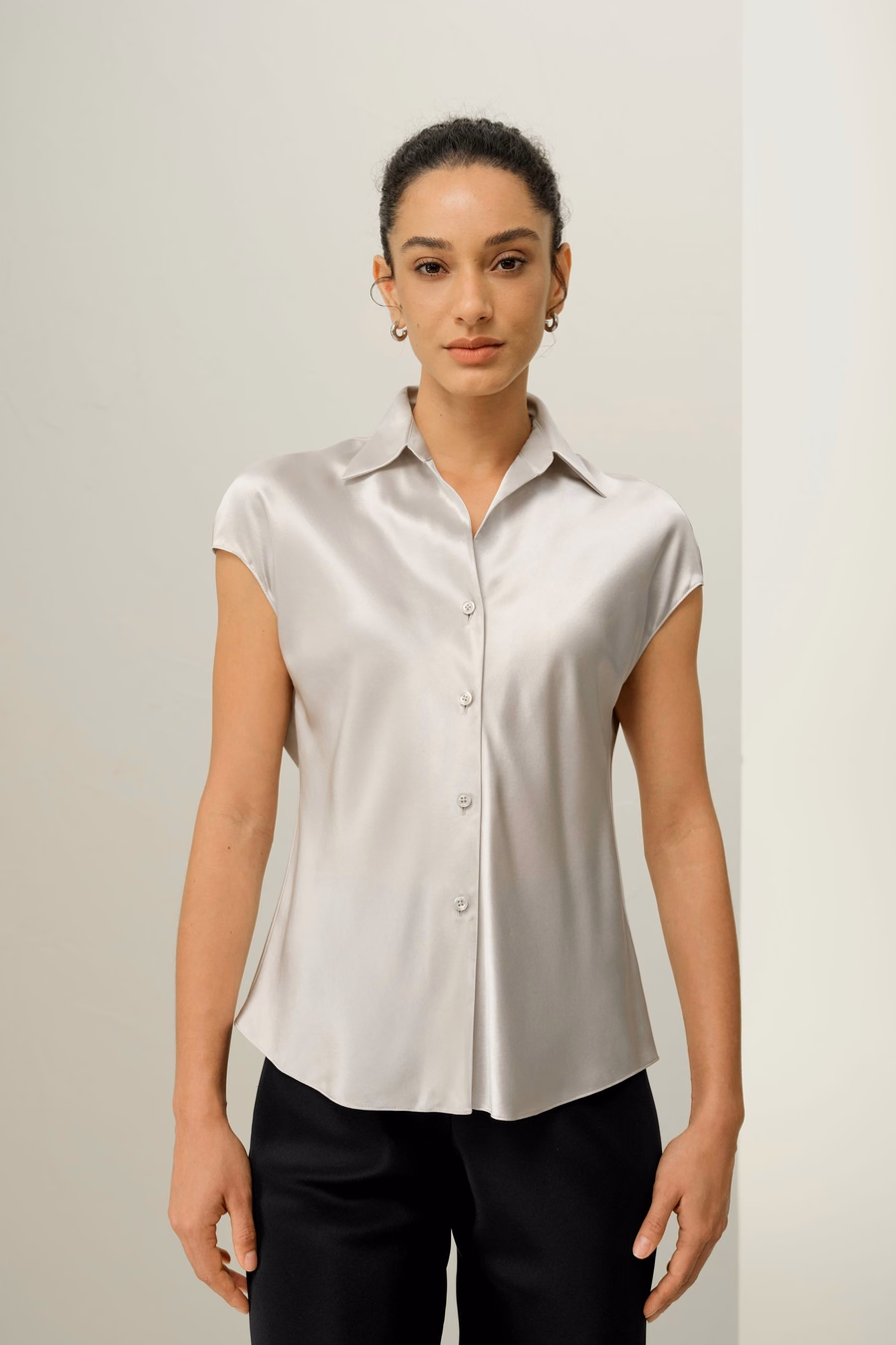 Camisa de Seda de Manga Corta en Corte Al Bies