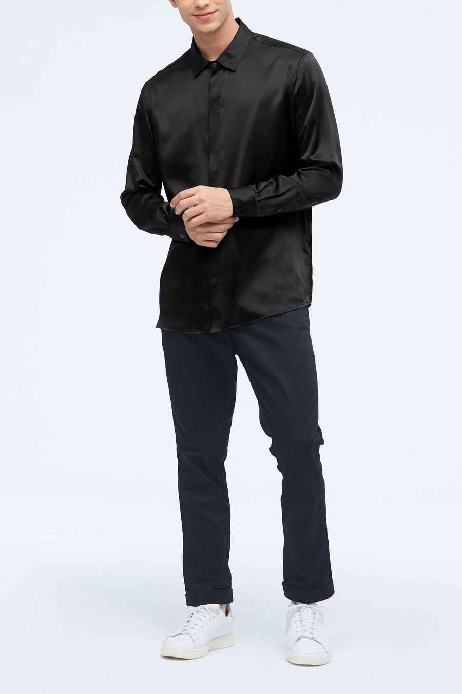 Camisa clásica de seda de manga larga para hombres
