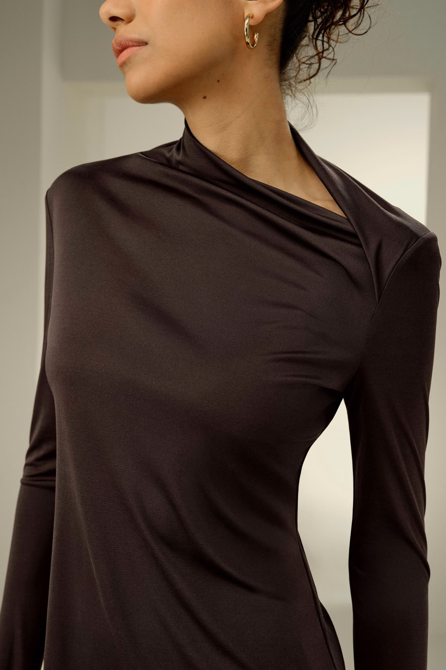 Top de Manga Larga Ajustado de Jersey de Seda