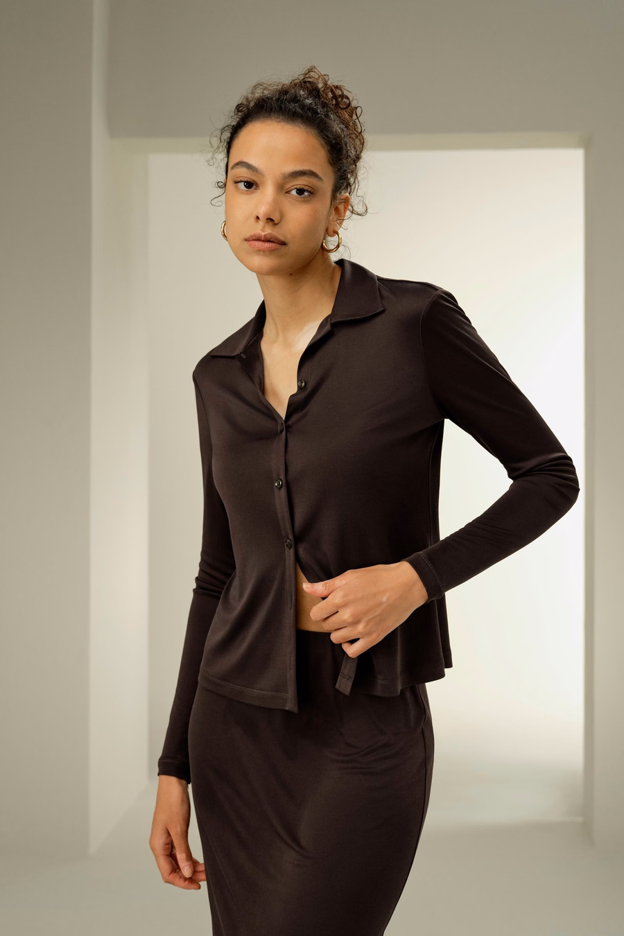 Camisa de Jersey de Seda Slim Básica