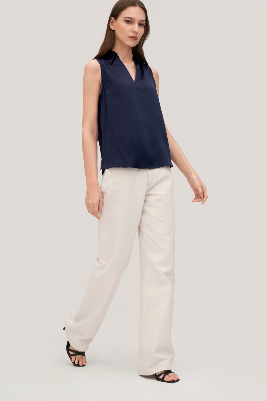 Camisa de Seda Viscosa sin Mangas en V para Mujeres