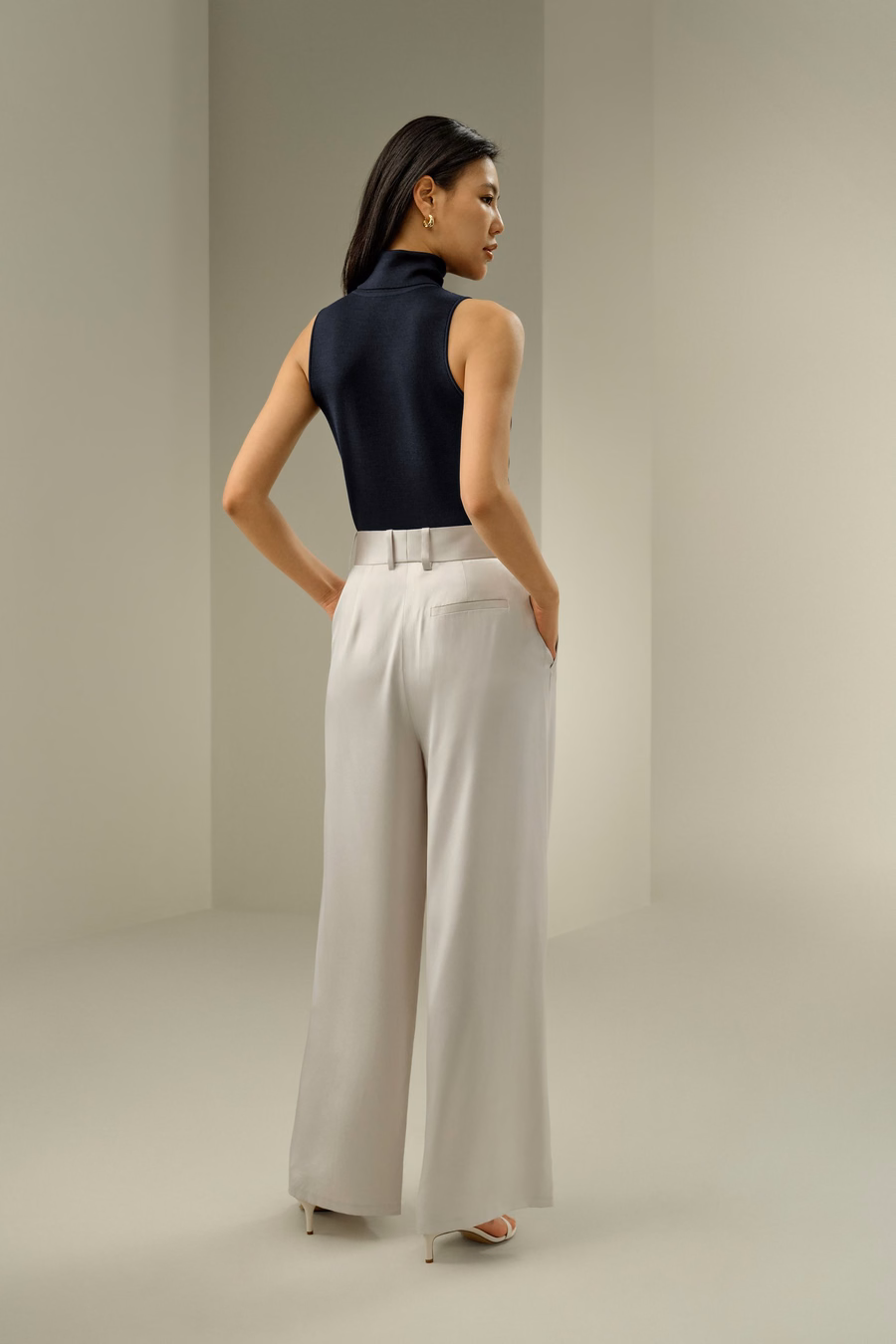 Pantalones de Seda Densa de Pierna Ancha de Cintura Alta