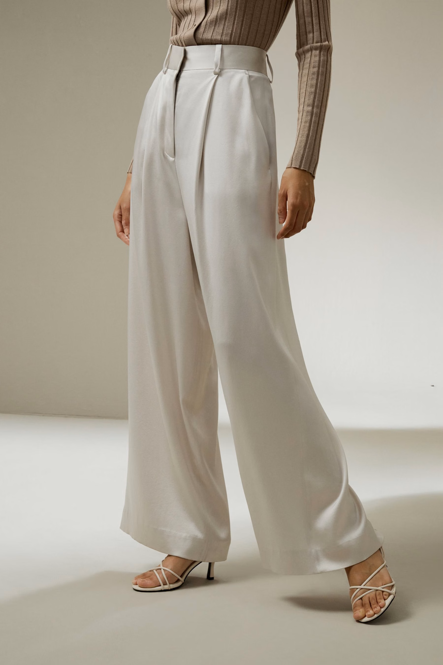 Pantalones de Seda Densa de Pierna Ancha de Cintura Alta