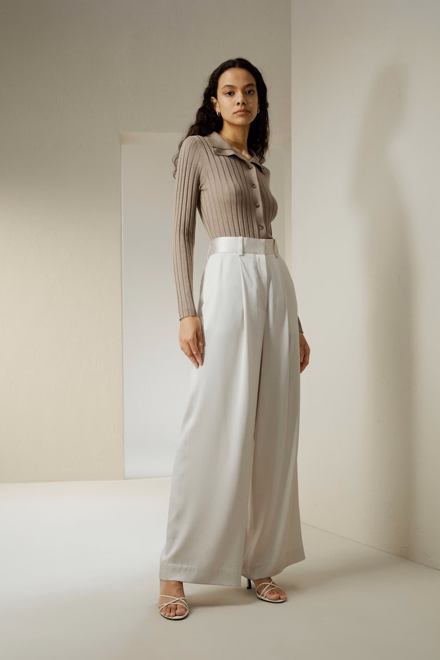 Pantalones de Seda Densa de Pierna Ancha de Cintura Alta