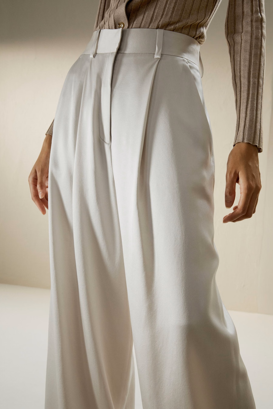 Pantalones de Seda Densa de Pierna Ancha de Cintura Alta