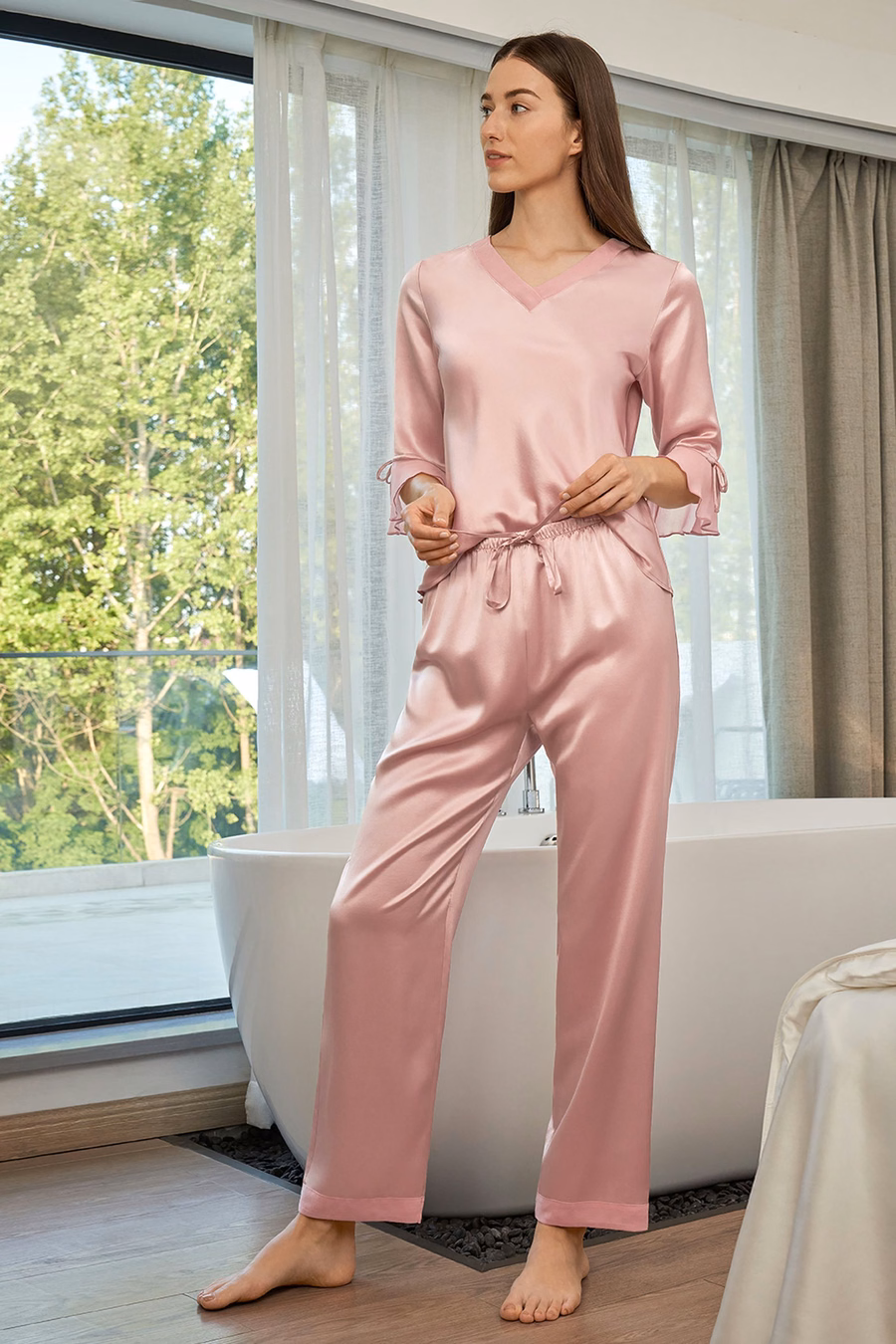 Conjunto de pijama de seda para mujeres con encaje