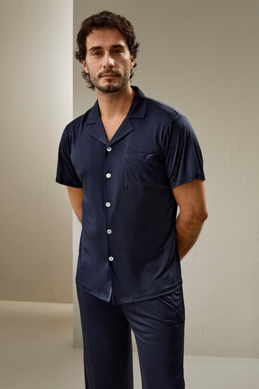 Conjunto de Pijama de Seda de Hombre con Mangas Cortas