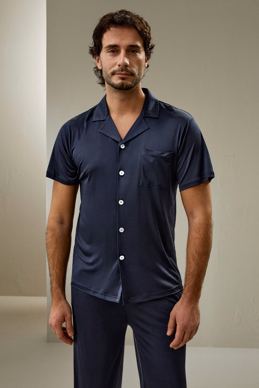 Conjunto de Pijama de Seda de Hombre con Mangas Cortas