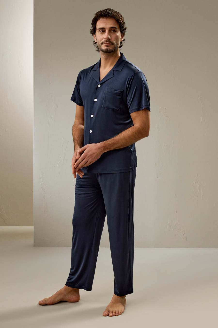 Conjunto de Pijama de Seda de Hombre con Mangas Cortas