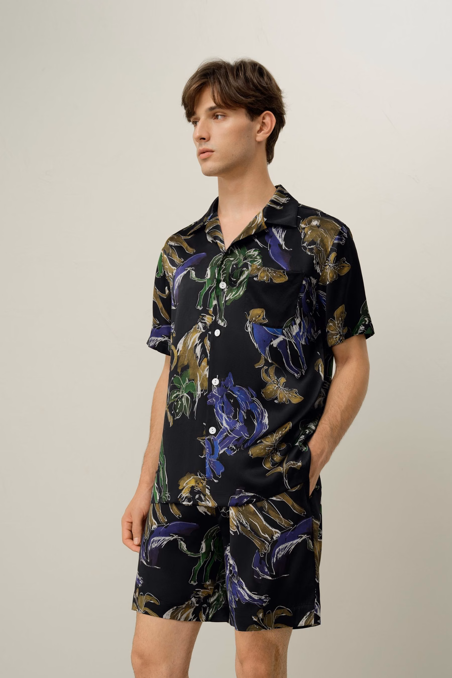 Conjunto de Pijamas Cortos de Seda para Hombre del Zodiaco Leo