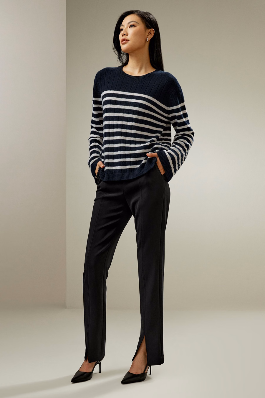 Suéter de Cashmere de Rayas con Hombros Caídos