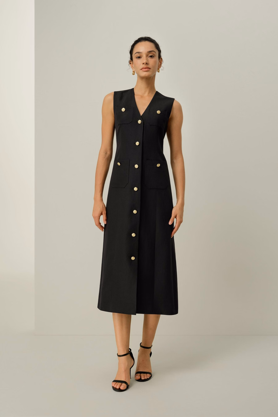 Vestido de Botón Metálico de Seda y Lino