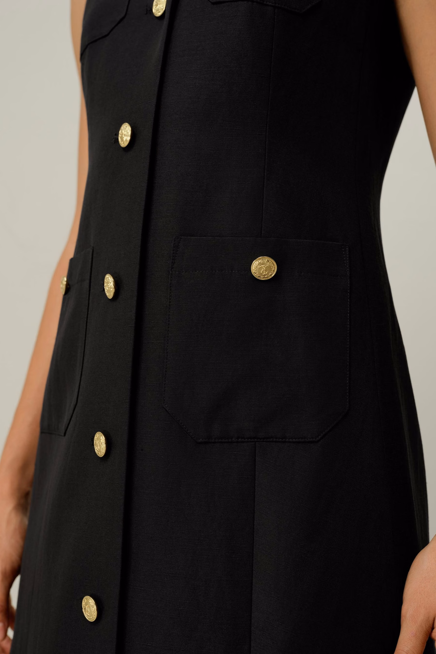 Vestido de Botón Metálico de Seda y Lino