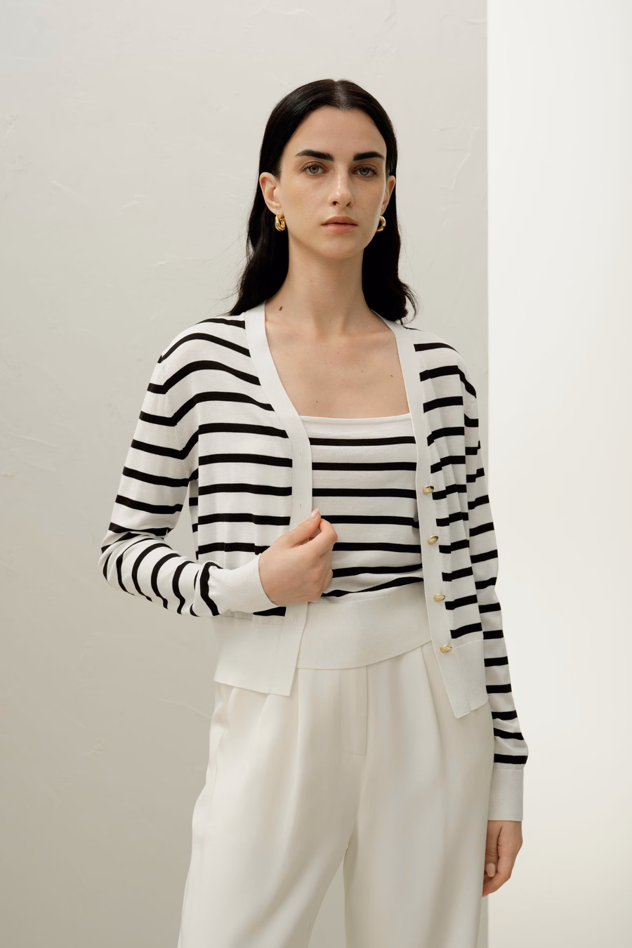 Silk-Cotton Striped Knit Cardigan Set