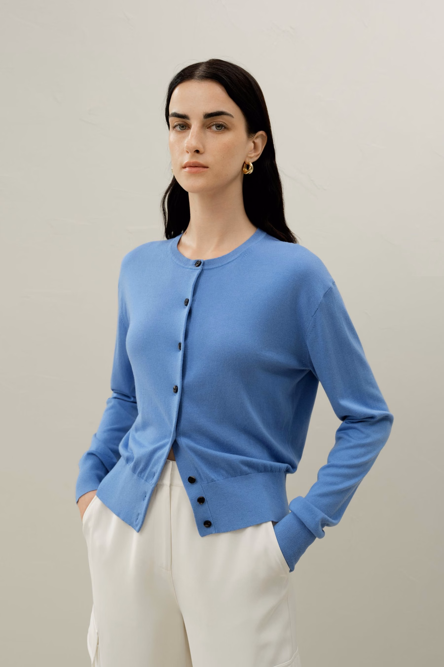 Cardigan de Seda y Cachemira de Cuello Redondo