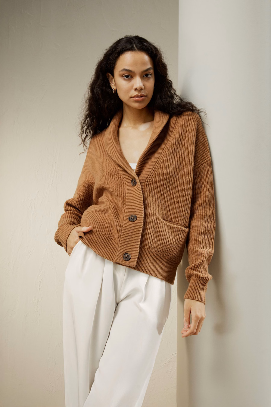 Cardigan de Cuello de Chal Mezcla de Lana y Cachemira