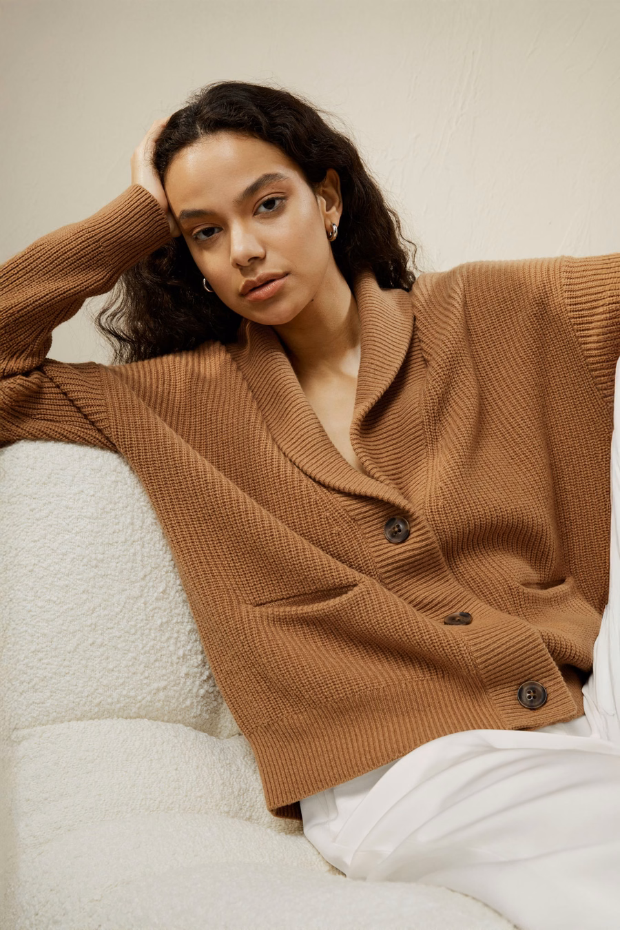 Cardigan de Cuello de Chal Mezcla de Lana y Cachemira