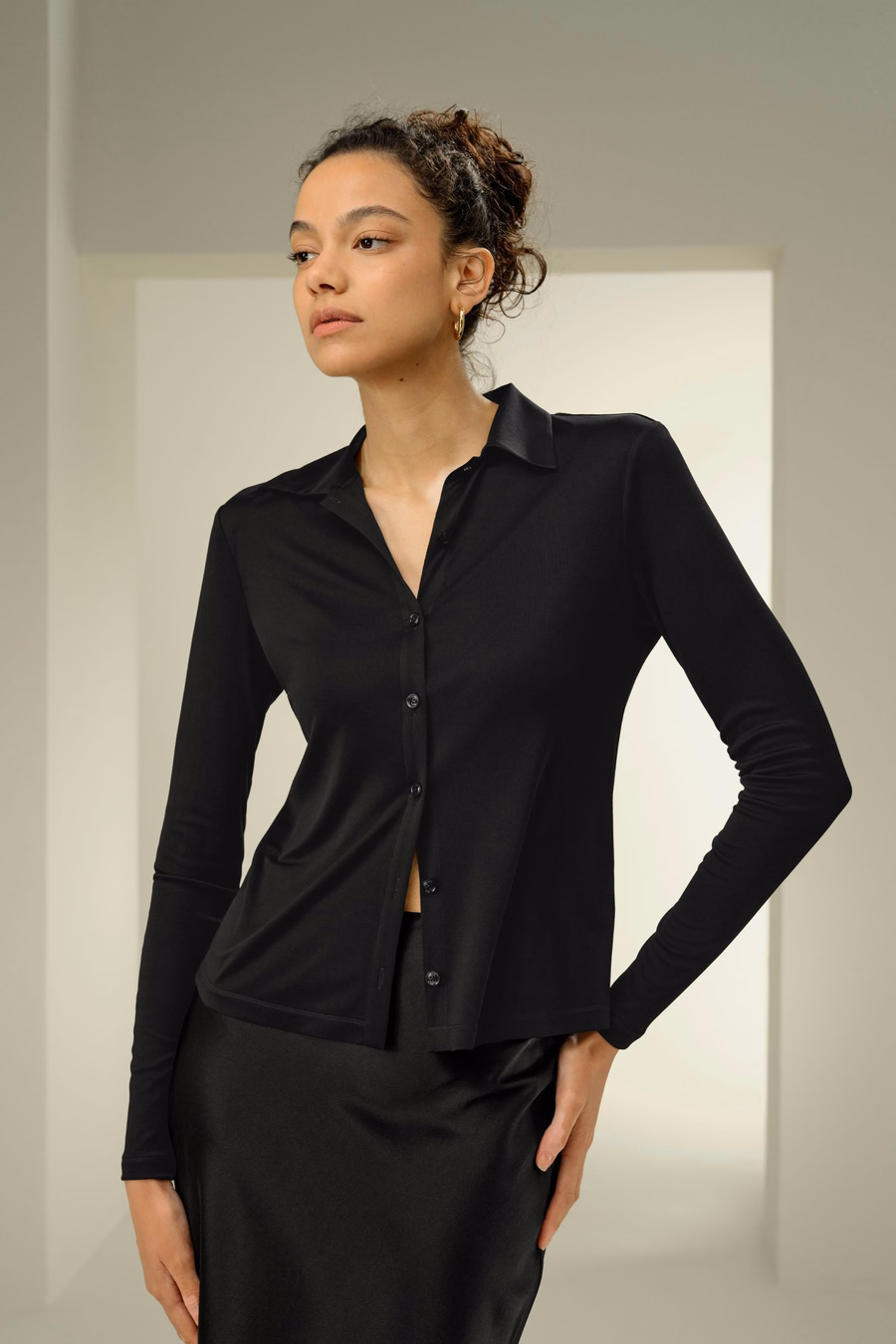 Camisa de Jersey de Seda Slim Básica