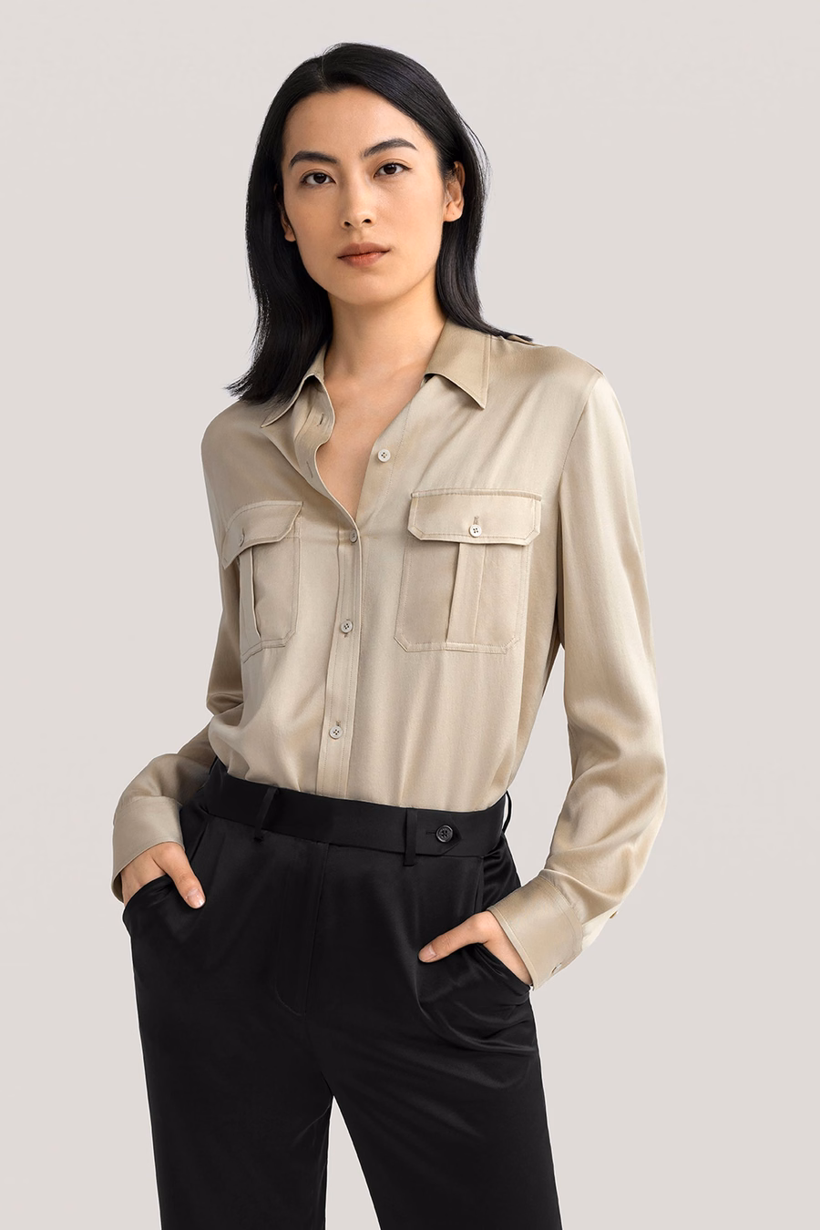 Camisa de seda lavada con epaulettes