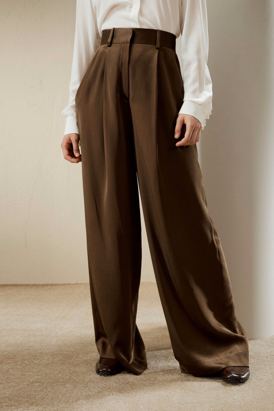 Pantalones de Seda Densa de Pierna Ancha de Cintura Alta