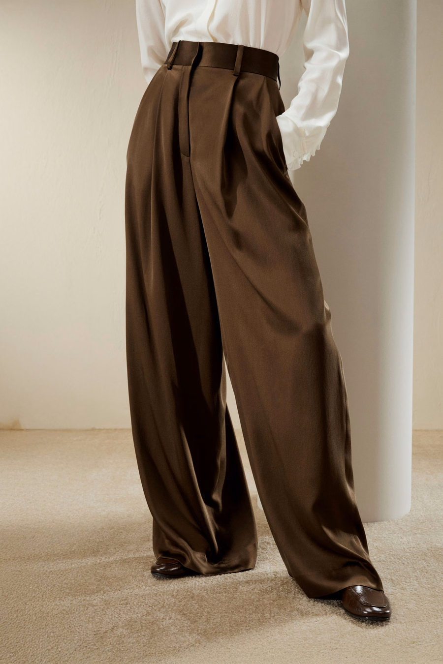Pantalones de Seda Densa de Pierna Ancha de Cintura Alta