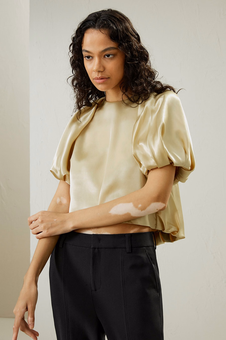 Top de seda Watershine con mangas cortas abullonadas.