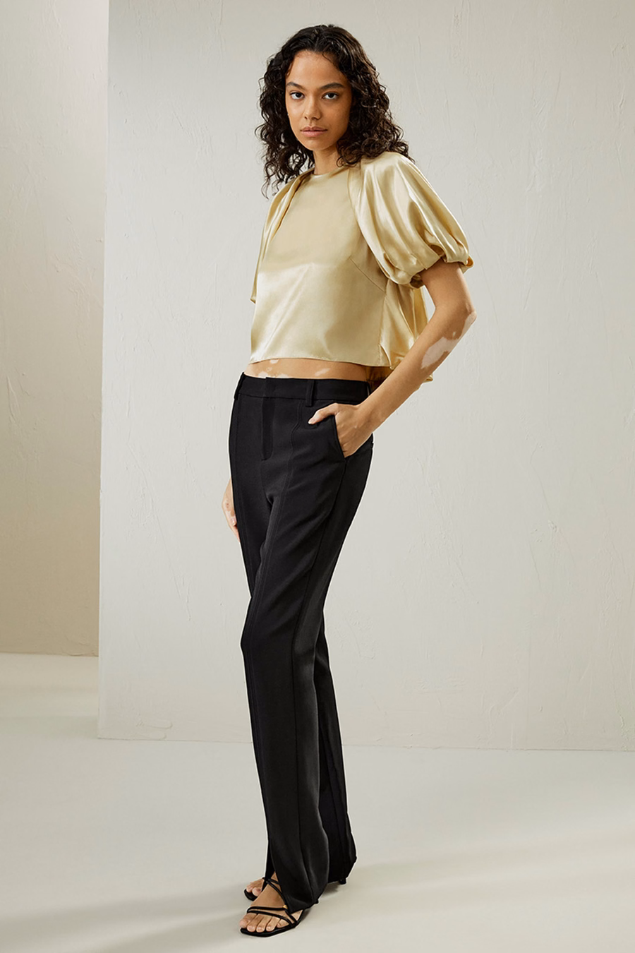 Top de seda Watershine con mangas cortas abullonadas.