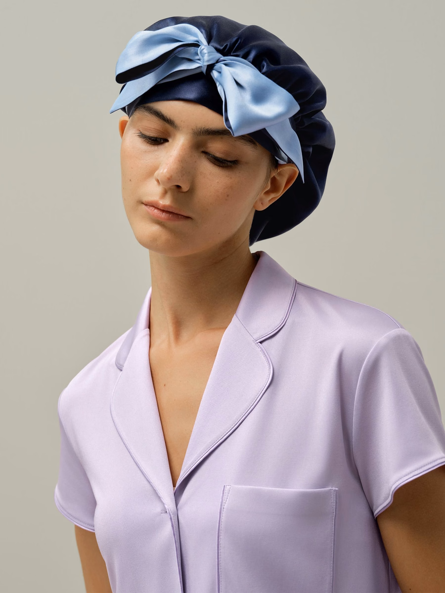 Gorro de sueño de seda reversible con cintas ajustables