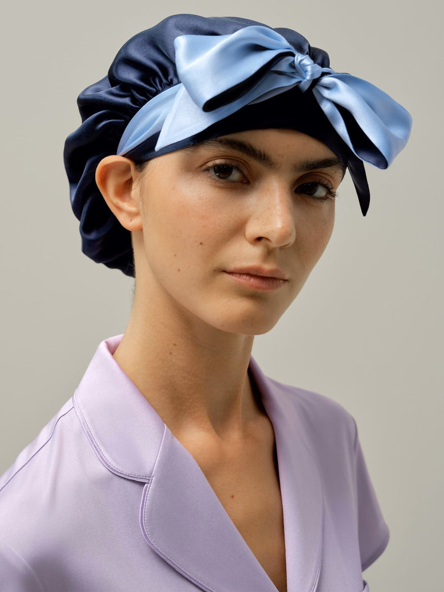 Gorro de sueño de seda reversible con cintas ajustables